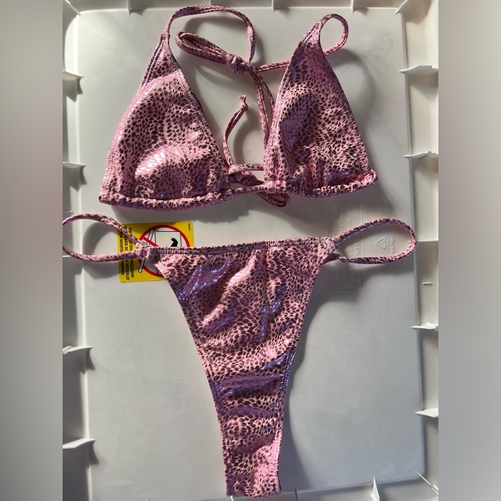 Pink Animal Print Halter Thong Bikini Set - Picture 2 of 10